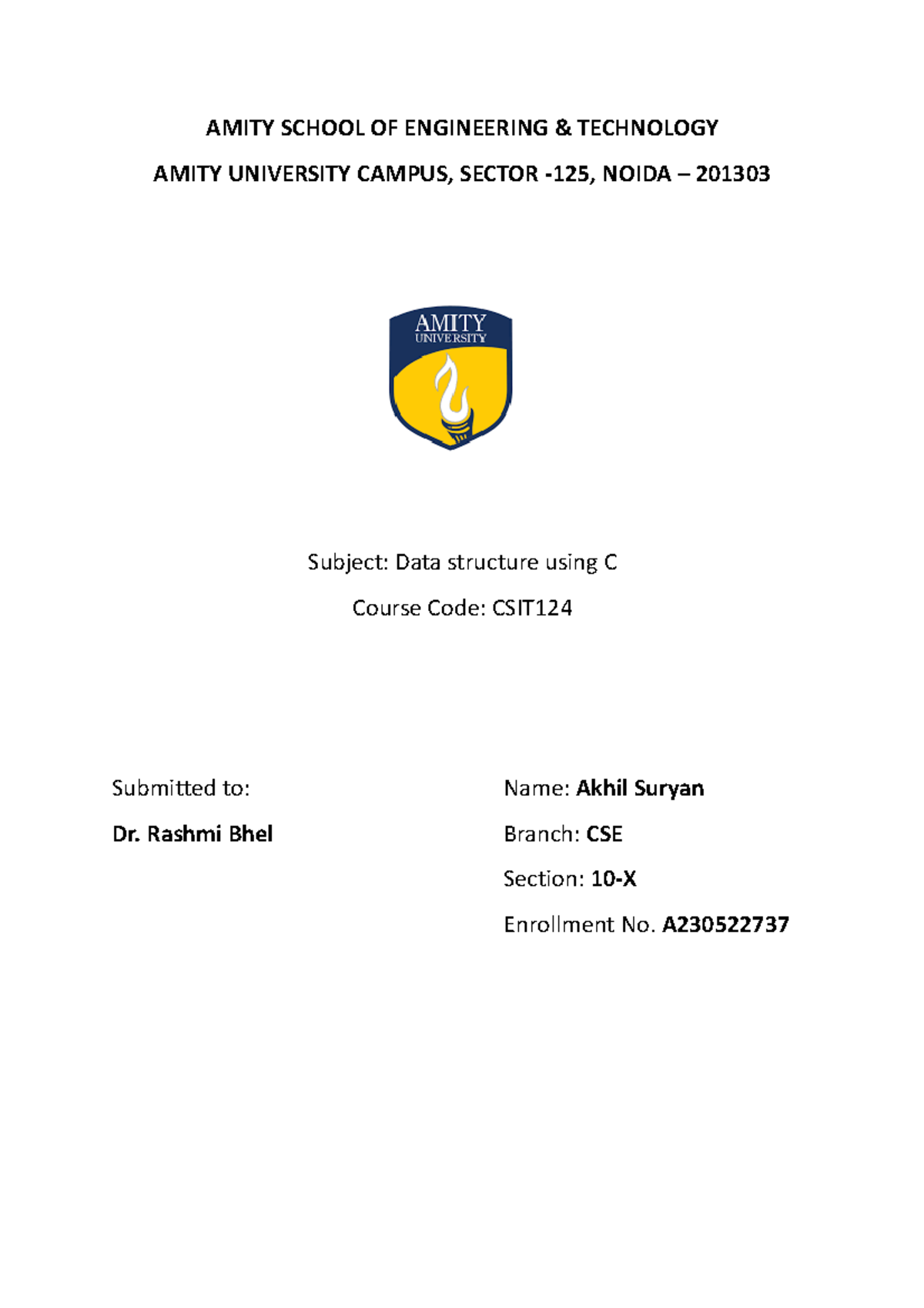 DS Codes - AMITY SCHOOL OF ENGINEERING & TECHNOLOGY AMITY UNIVERSITY ...