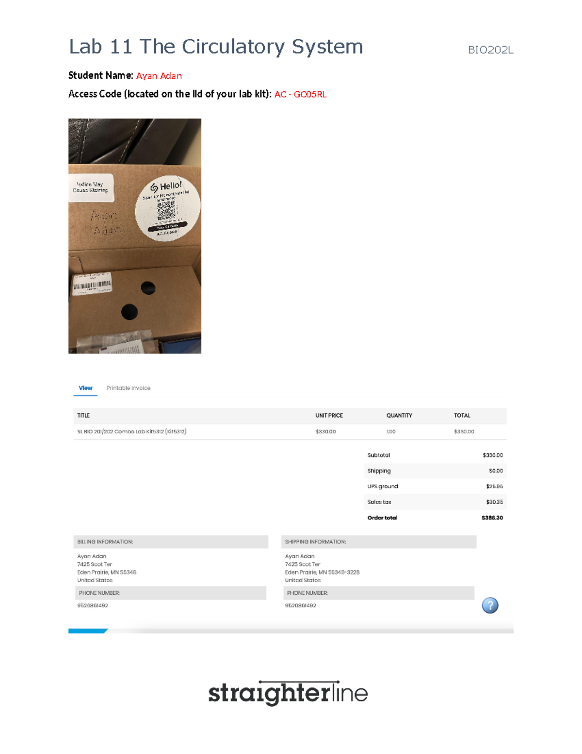 Ayan A BIO202 Lab 11 - Student Name: Ayan Adan Access Code (located on ...