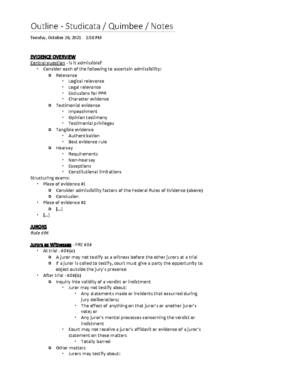 Evidence Outline - Outline - Studicata / Quimbee / Notes Tuesday ...