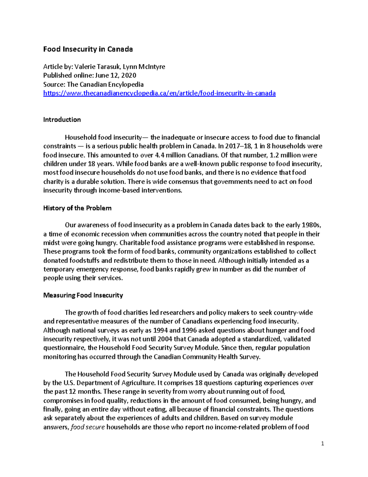 Food Insecurity in Canada reading - Food Insecurity in Canada Article ...