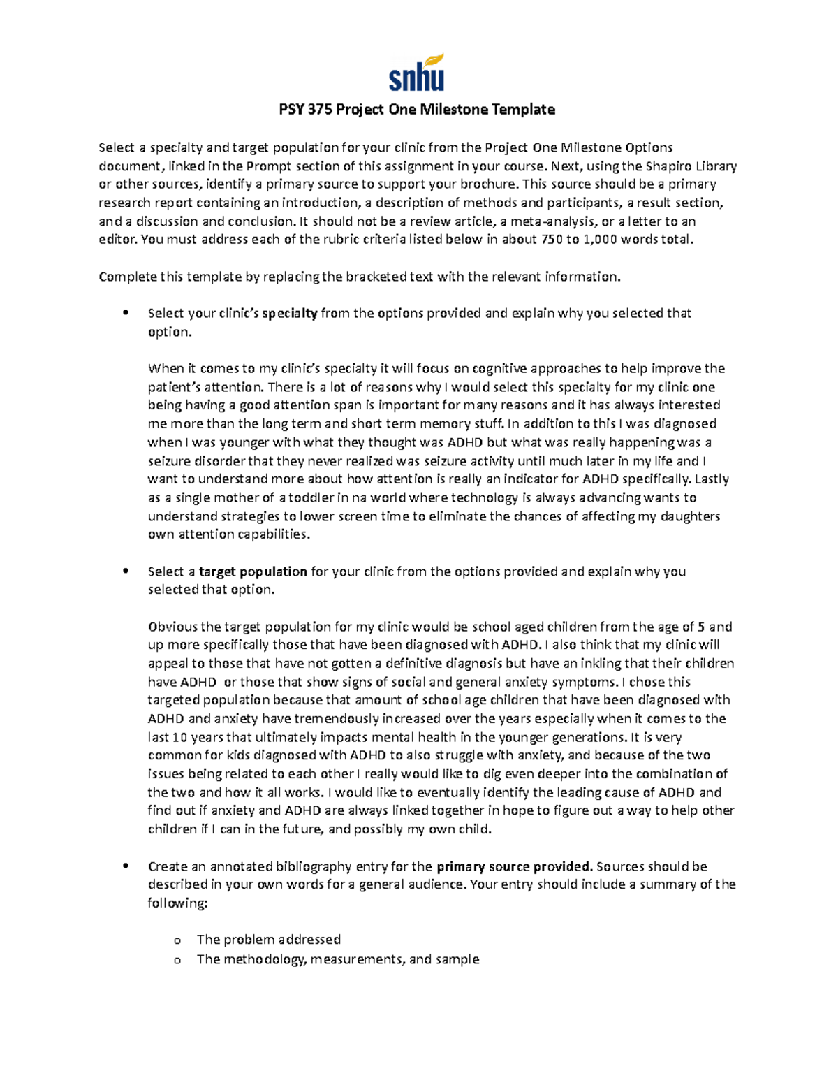 PSY 375 Project One Milestone Template PSY 375 Project One Milestone(04)