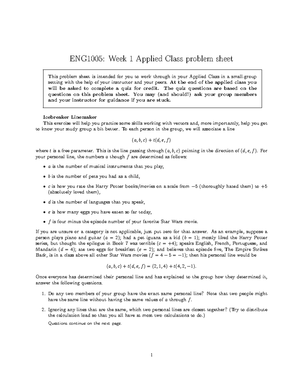 Week1 Problem Sheet Eng1005 Week 1 Applied Class Problem Sheet This