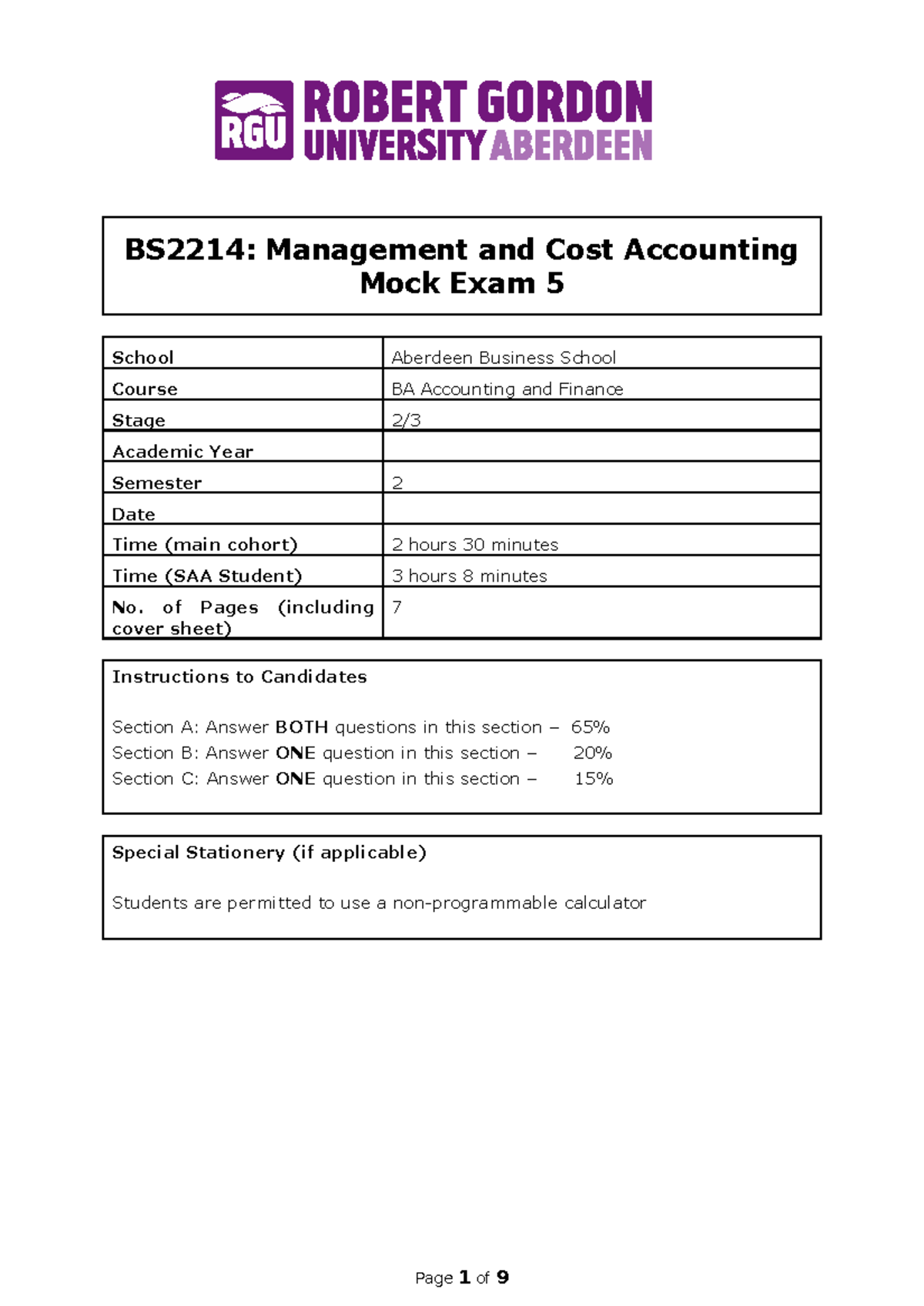 MACA Mock Exam 5 - BS2214: Management and Cost Accounting Mock Exam 5 ...