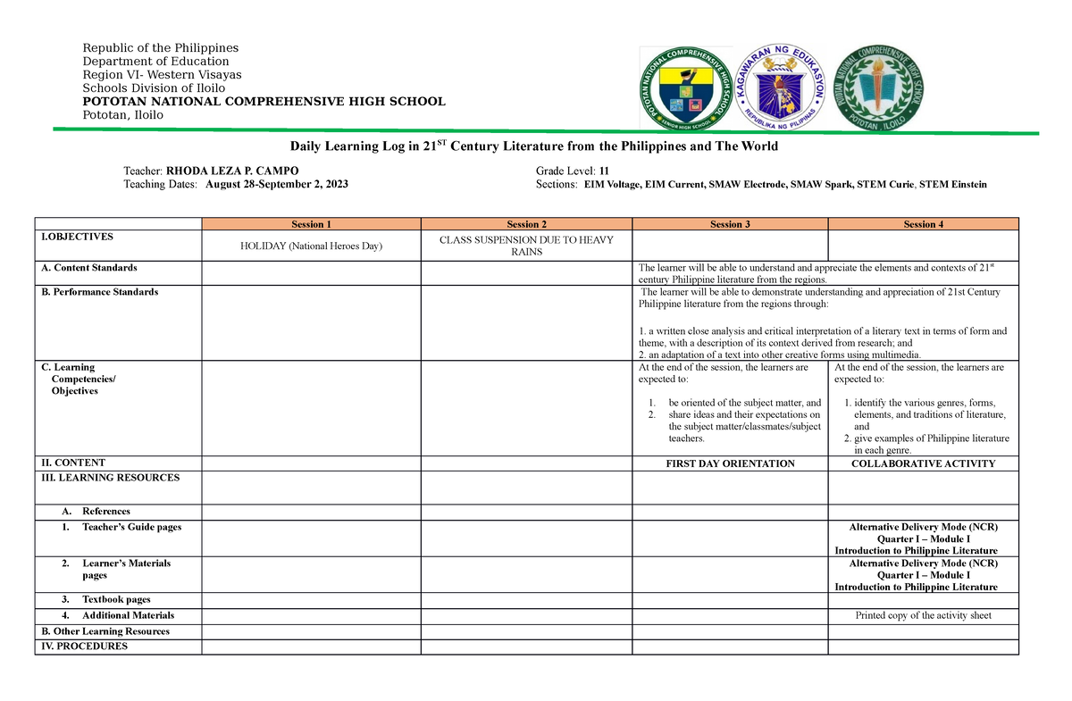 Campo AUG 28 SEPT 2 - Used for Daily logs - Republic of the Philippines ...