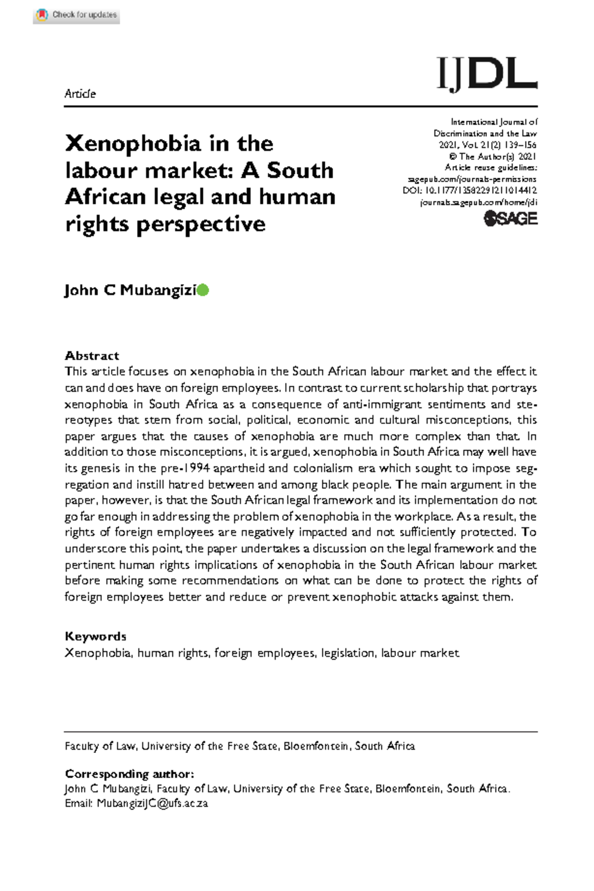Mubangizi 2021 xenophobia in the labour market a south african legal