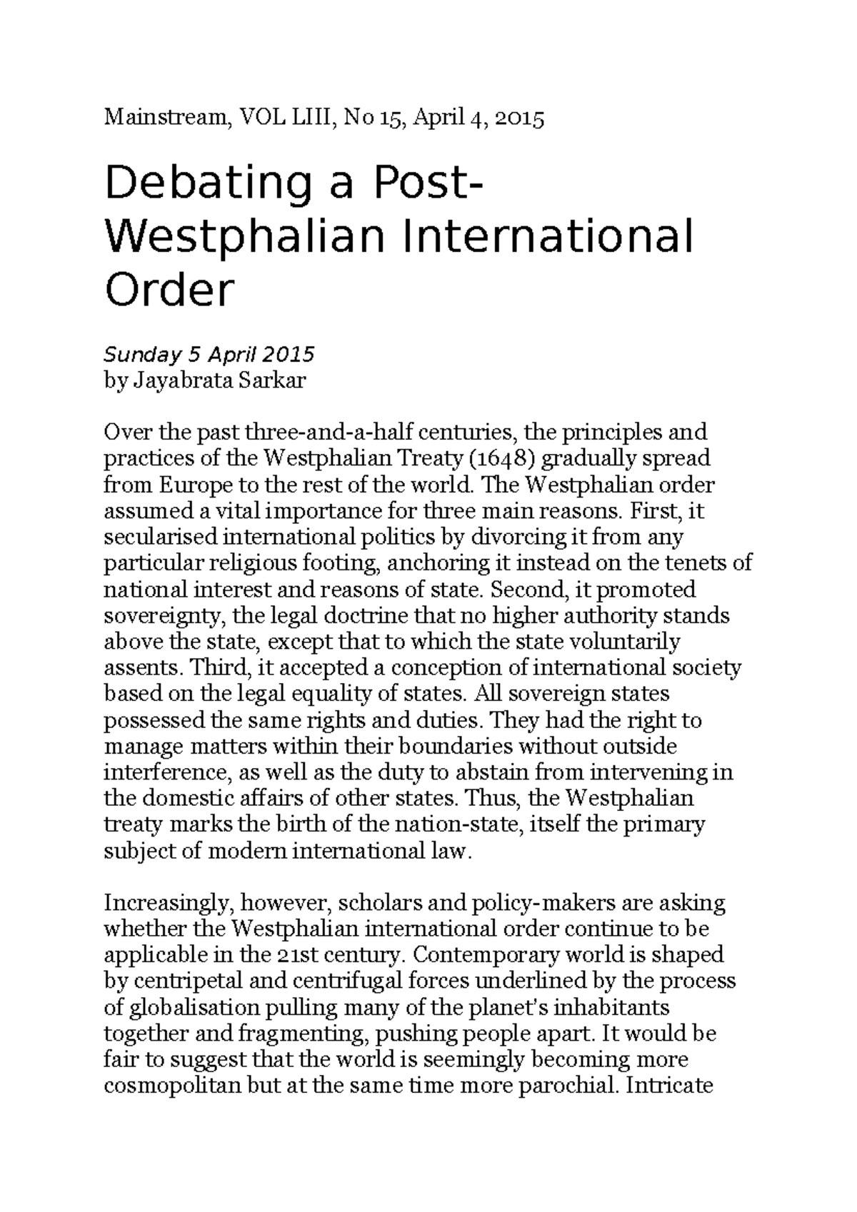 Westphalia Sarkar 2015 Mainstream, VOL LIII, No 15, April 4, 2015