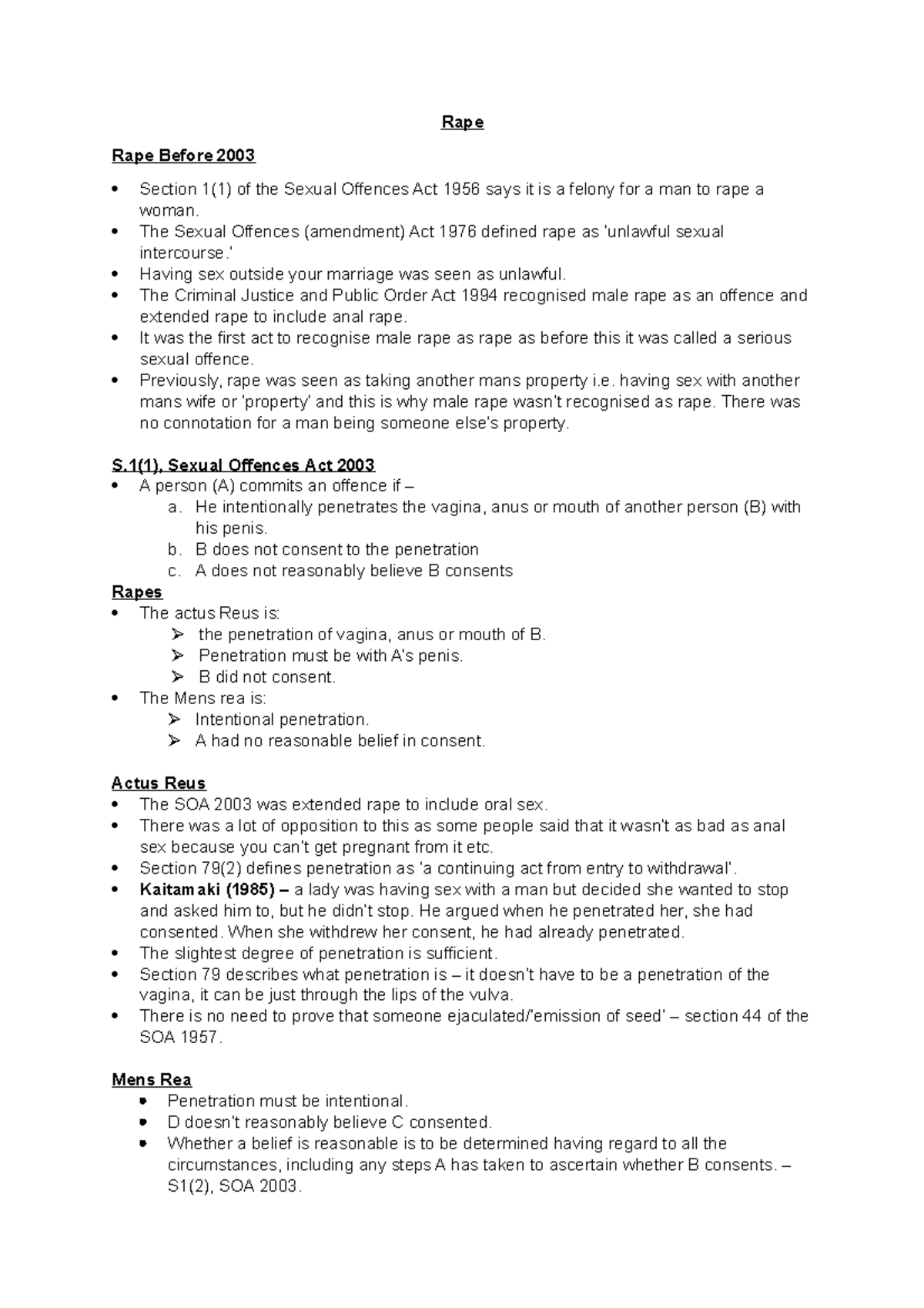 Rape Actus Reus And Mens Rea Of Rape And Explanation Of What This Means Under Staute Rape 
