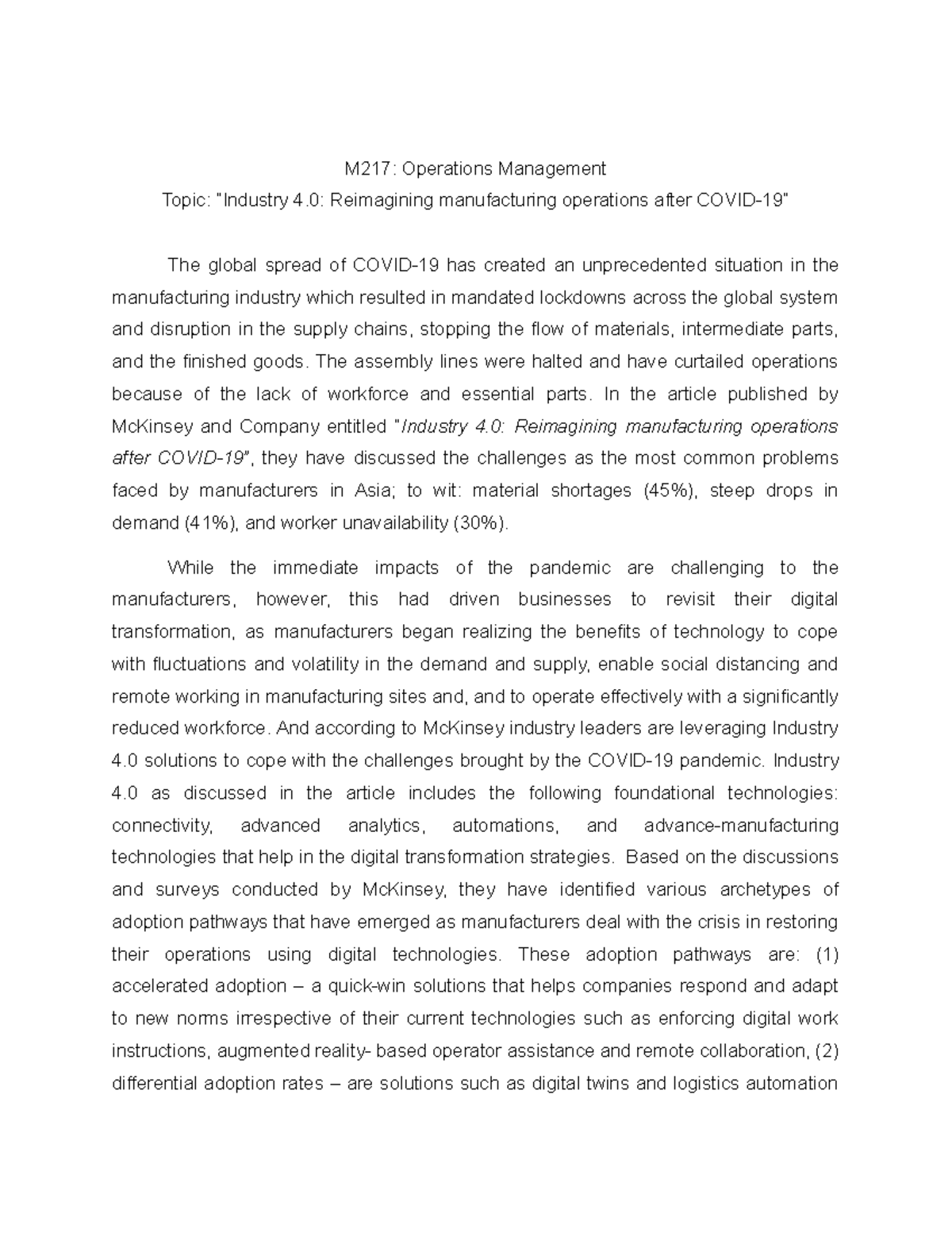 M217 - Opman Assignment#3 - M217: Operations Management Topic ...