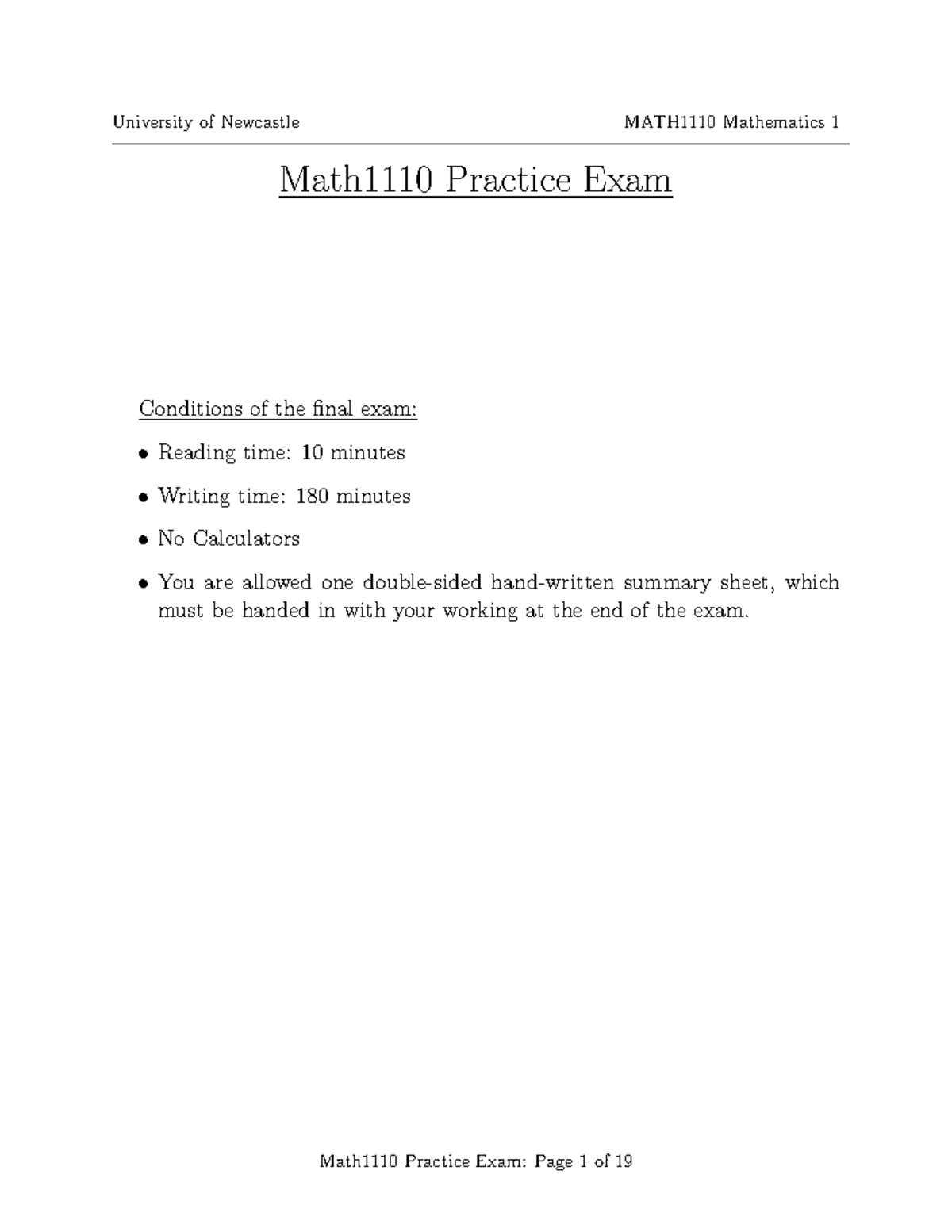 PRACTICE EXAM W SOLUTIONS - Math1110 Practice Exam Conditions of the ...