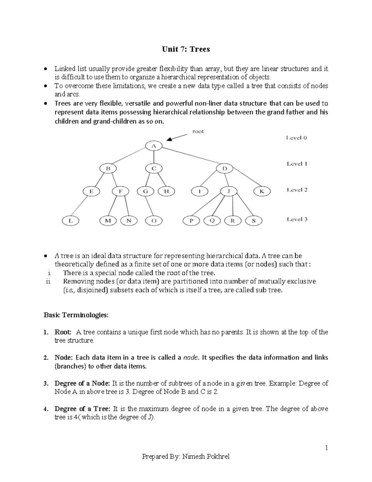 7. Trees 1 Unit 7 Trees Linked list usually provide greater