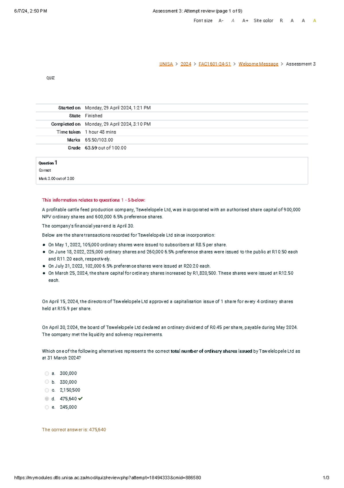 Assessment 3 Attempt Review (page 1 Of 9) - UNISA 2024 FAC1601-24-S1 ...