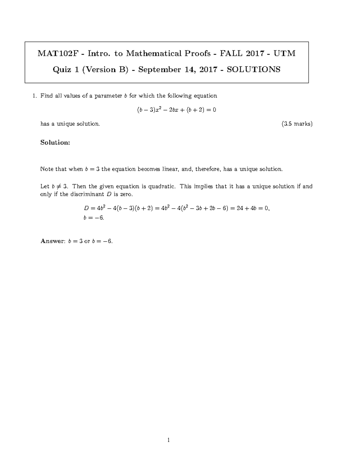 Quiz1B Sol1 - Des - MAT102F - Intro. To Mathematical Proofs - FALL 2017 ...