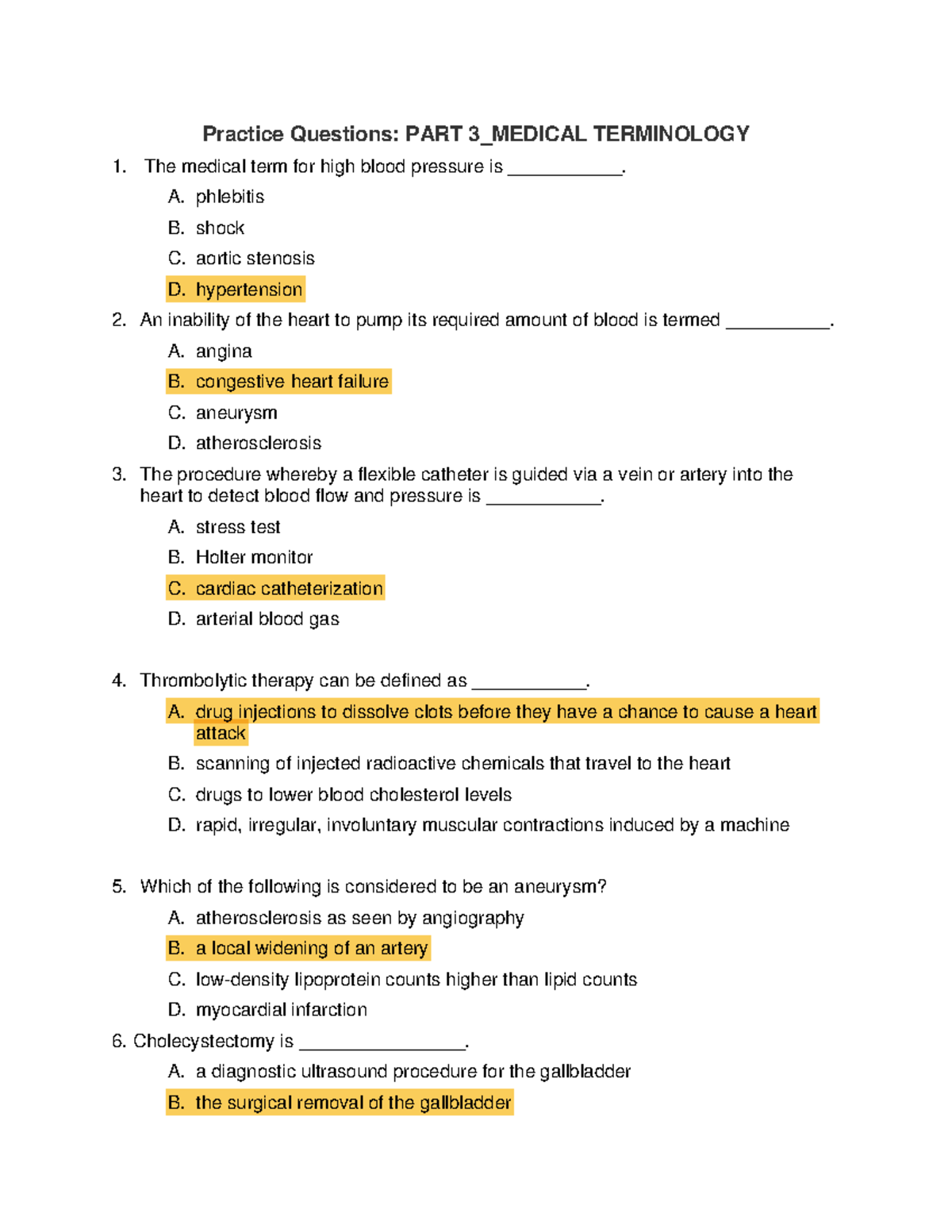 Practice Questions PART 3 Medical Terminology - Practice Questions ...