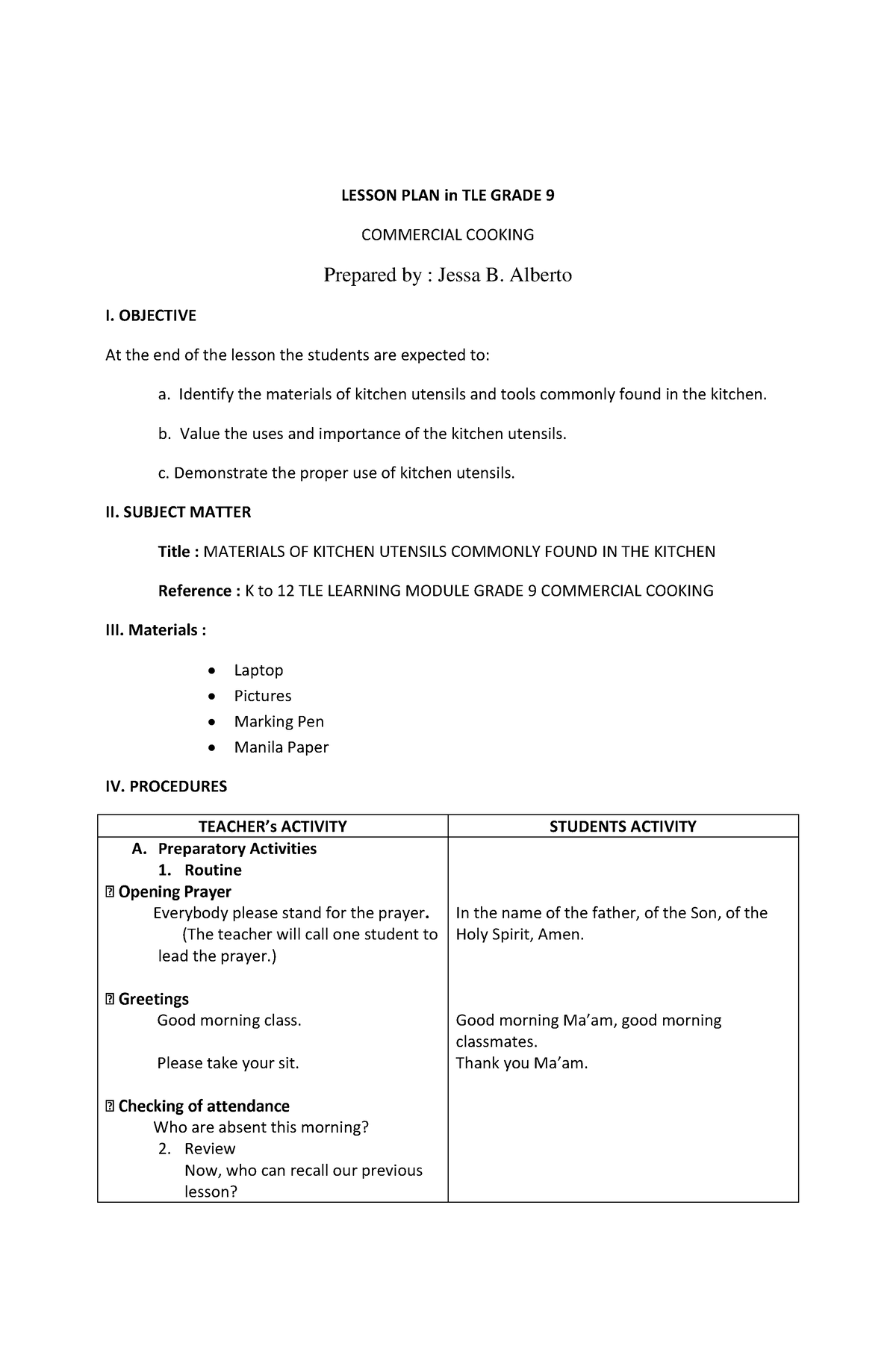 025292016 - Thank You - LESSON PLAN In TLE GRADE 9 COMMERCIAL COOKING ...