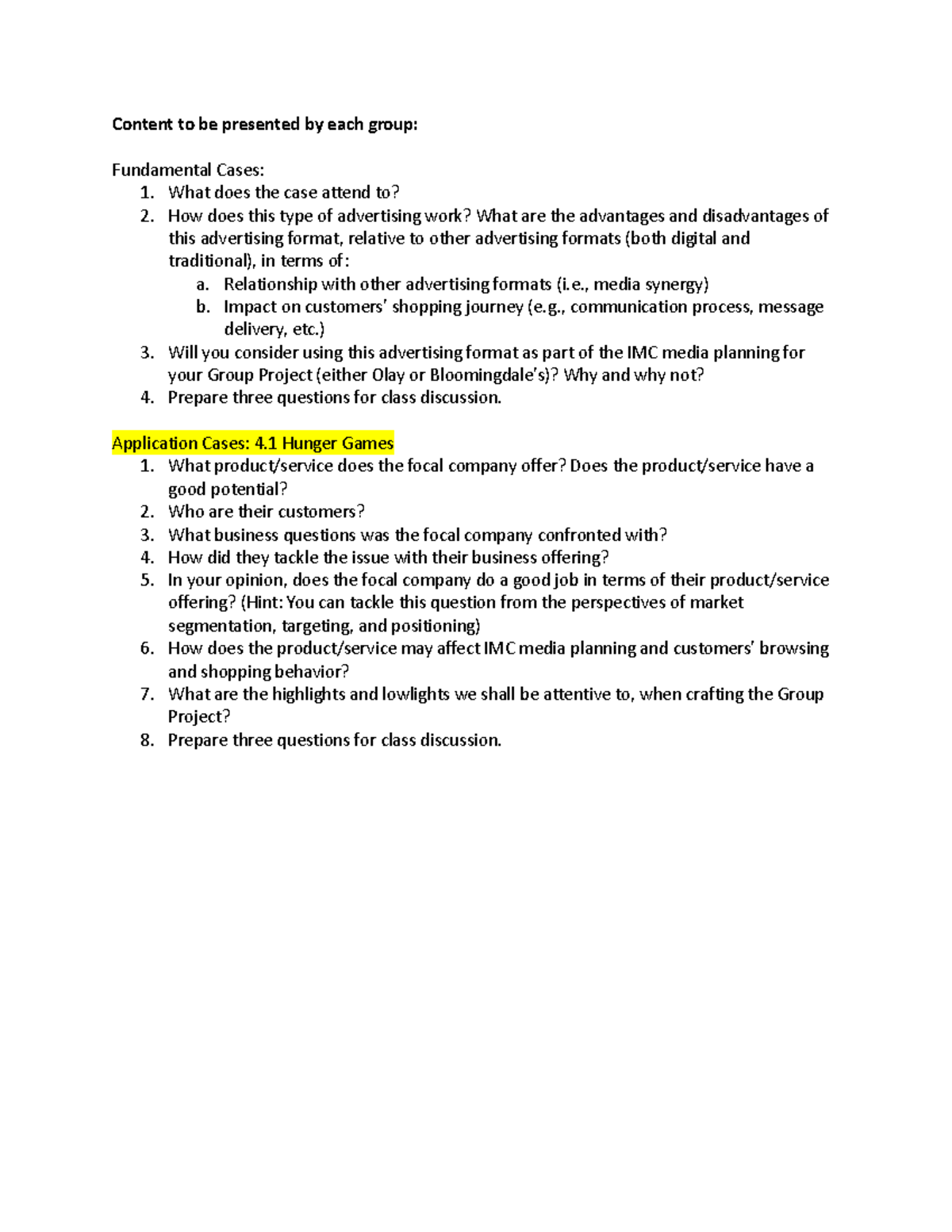 Case Presentation Questions - Content to be presented by each group ...