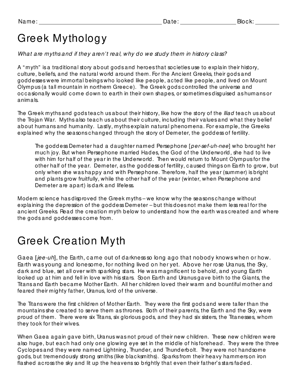 3 Greek Mythology Packet - Name ...