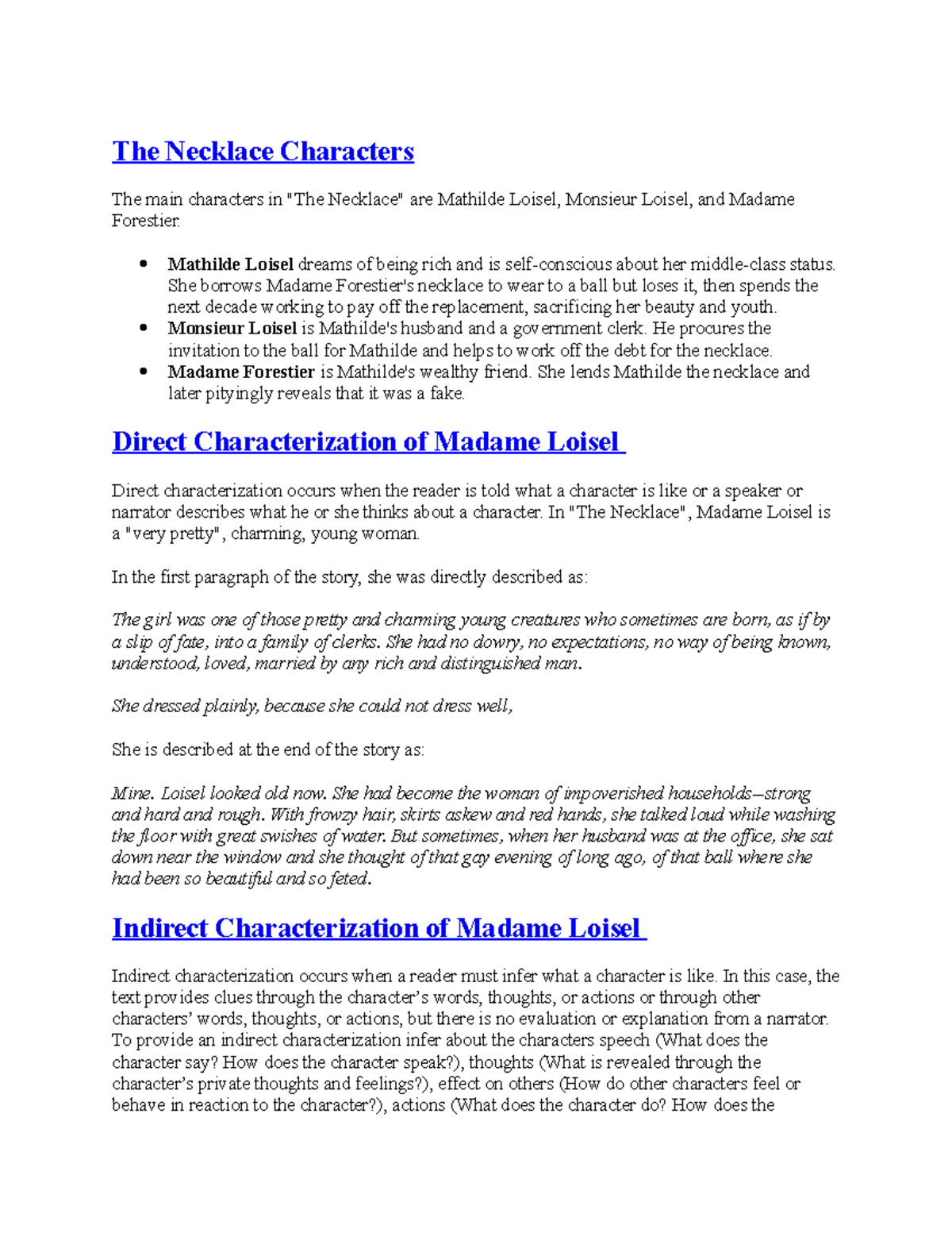 Characterization of Madam Loisel from The Necklace - The Necklace ...