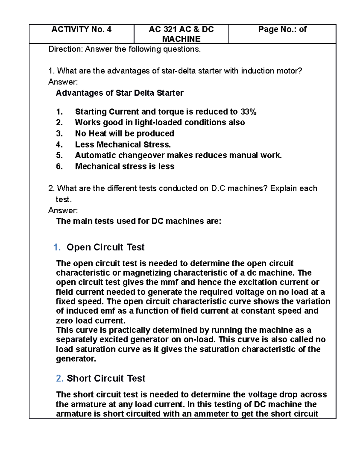 Activity No 4 ACDC - ACTIVITY No. 4 AC 321 AC & DC MACHINE Page No.: of ...