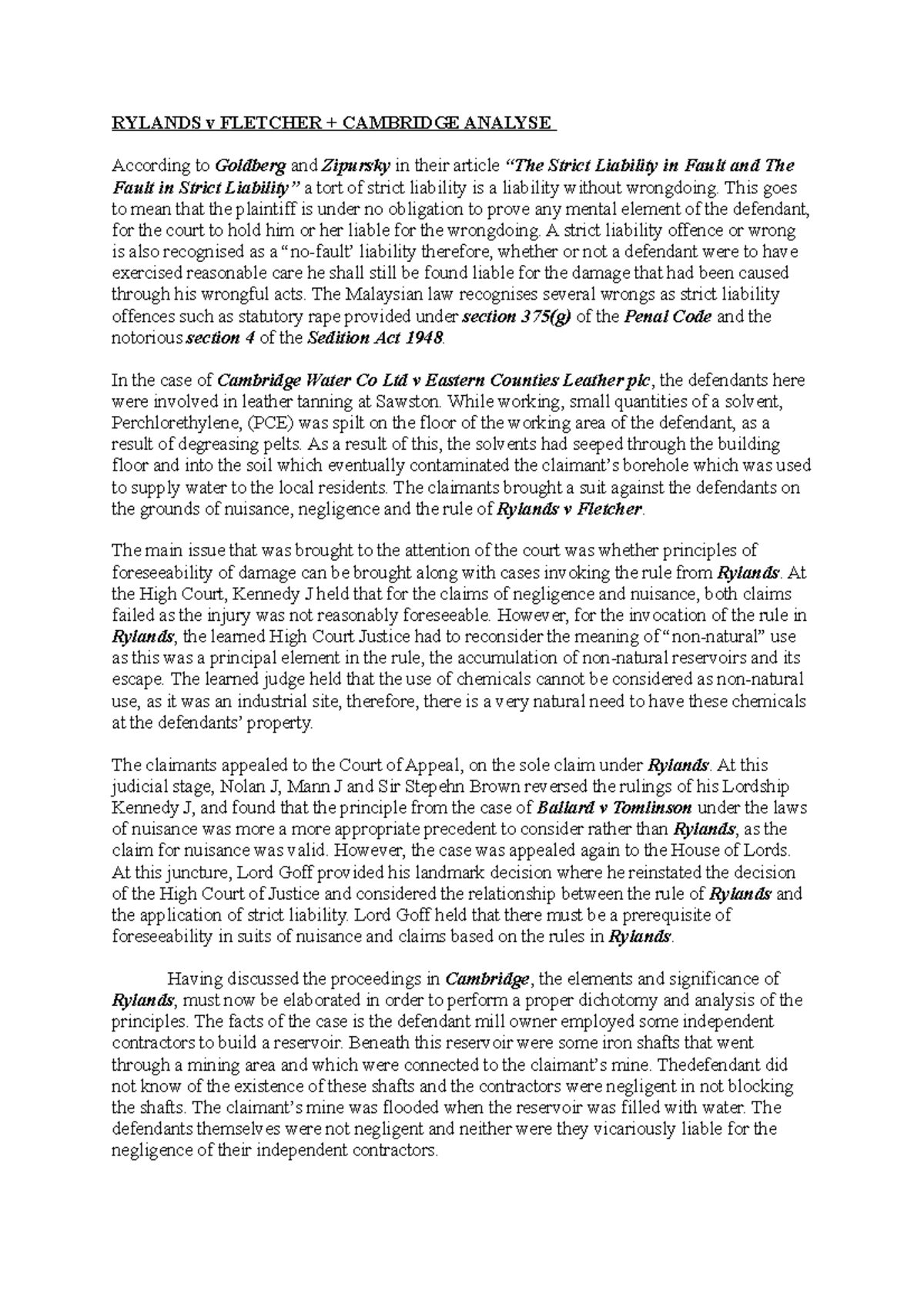Rylands v Fletcher and Cambridge Water Case - RYLANDS v FLETCHER ...