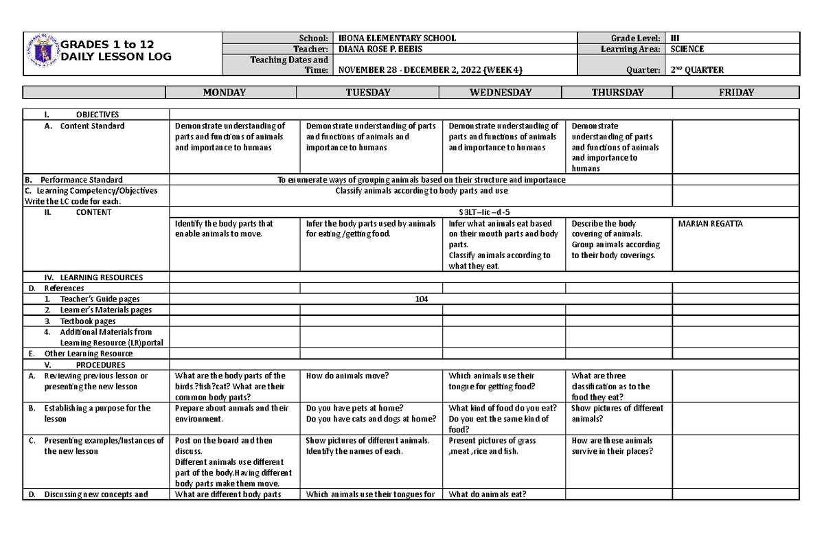 DLL Science 3 Q2 W4 - PROF. DELA CRUZ - GRADES 1 to 12 DAILY LESSON LOG ...