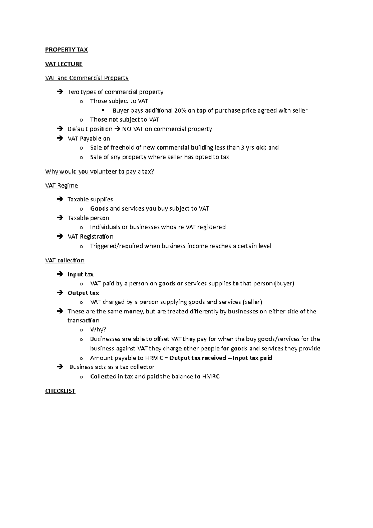 Property TAX VAT Lecture Notes PROPERTY TAX VAT LECTURE VAT and