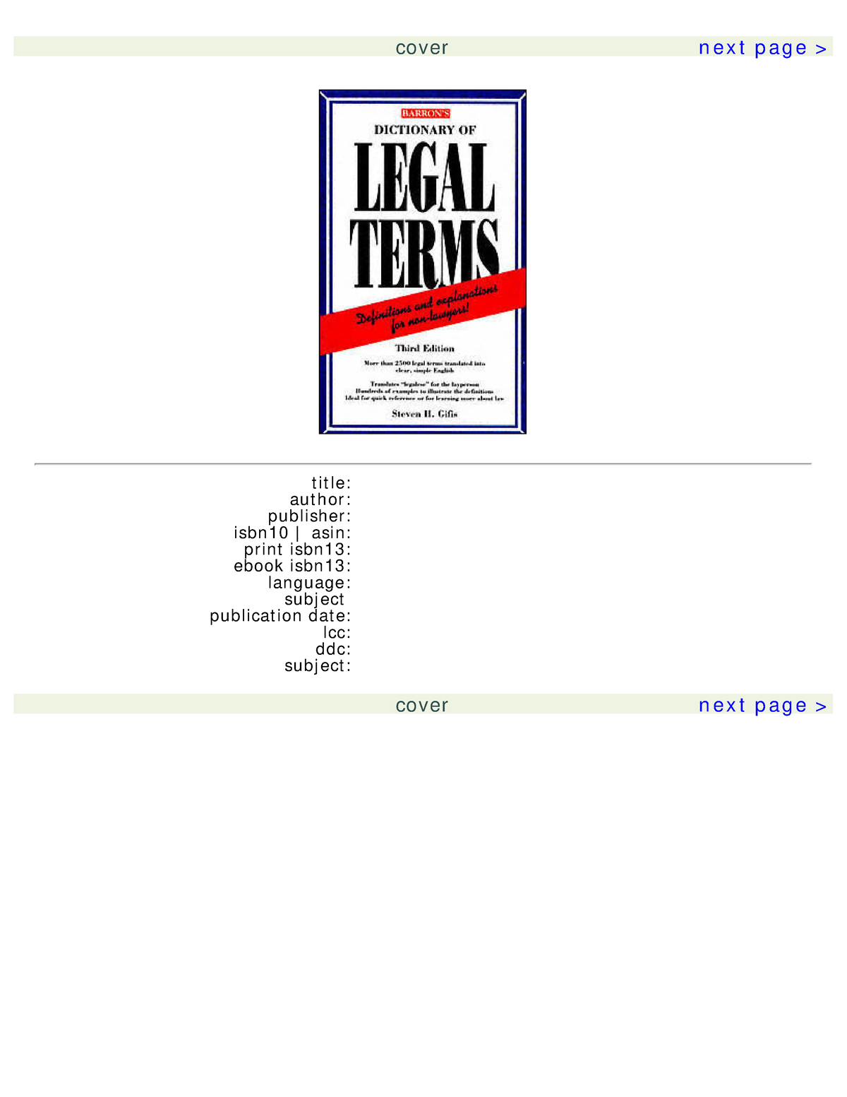 Dictionary Of Legal Terms Steven H - Cover Next Page > Title: Author ...