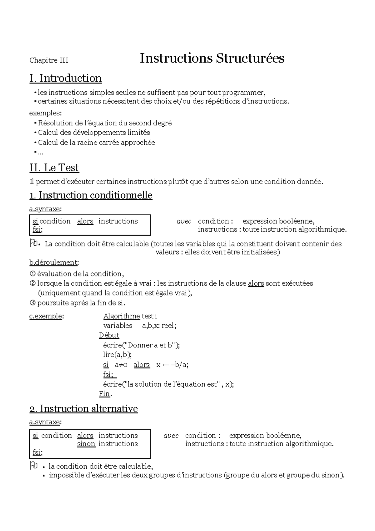 Chap III Instructions Structurées - Introduction les instructions ...