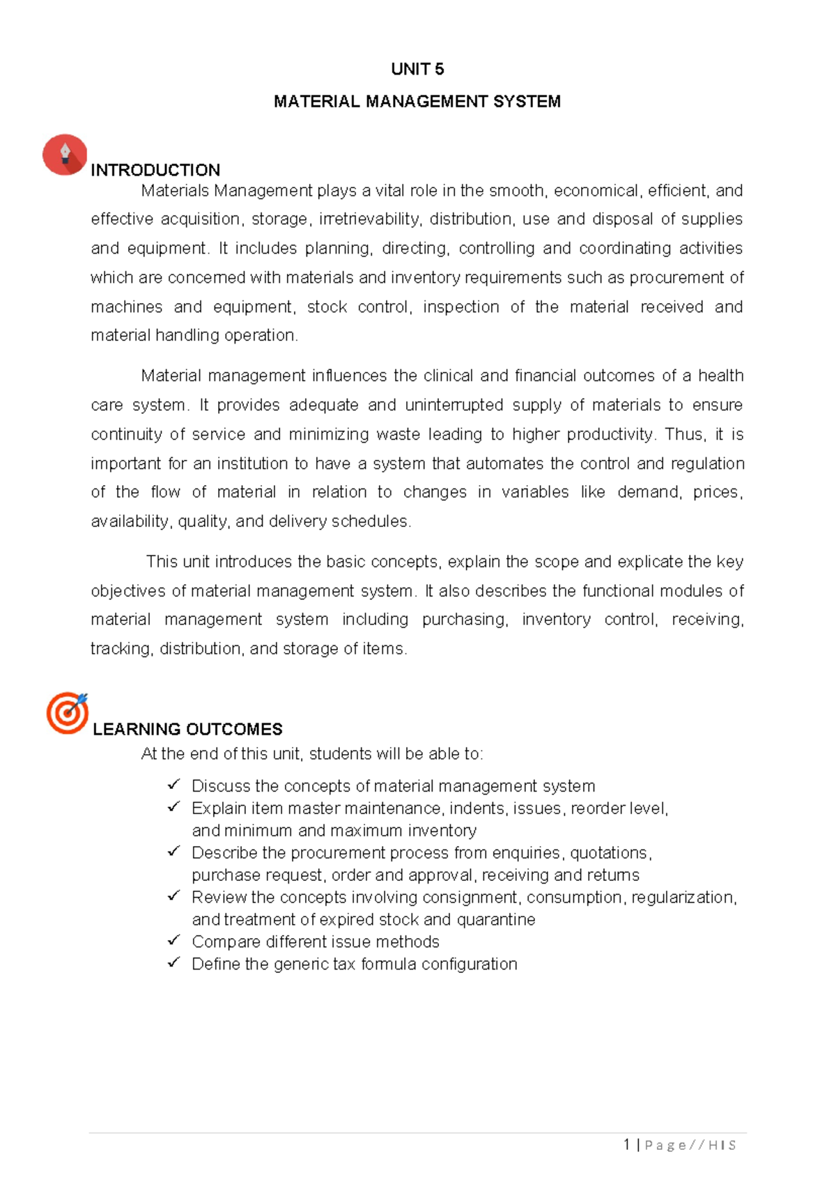 UNIT 5 Materials Management Information System UNIT 5 MATERIAL