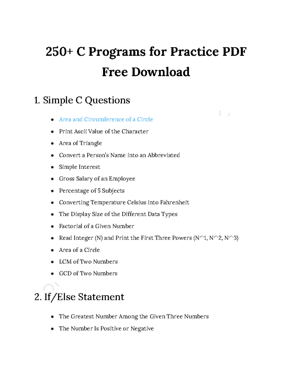 250- C Programs for Practice PDF Free Download-1 - Simple C Questions ...