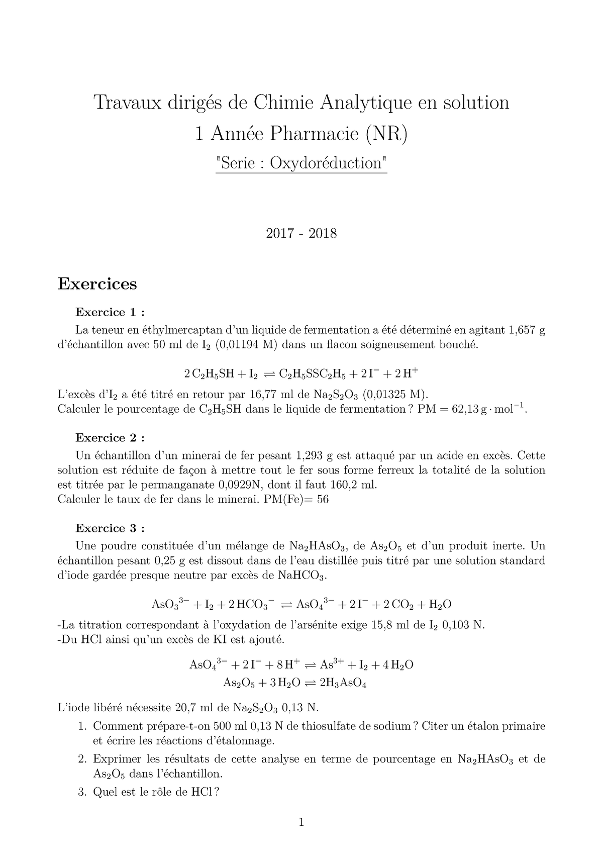 Travaux Dirig S De Chimie Analytique En Solution S Rie Oxydor Duction