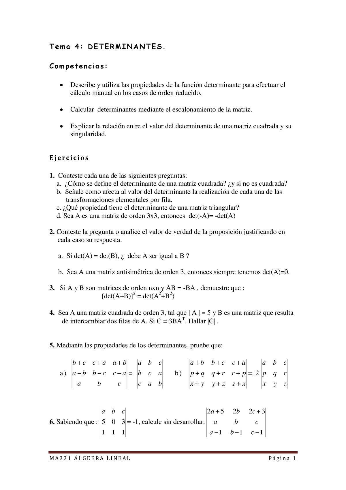 Lista De Ejercicios De Determinantes - M A 3 3 1 Á L G E B R A L I N E ...