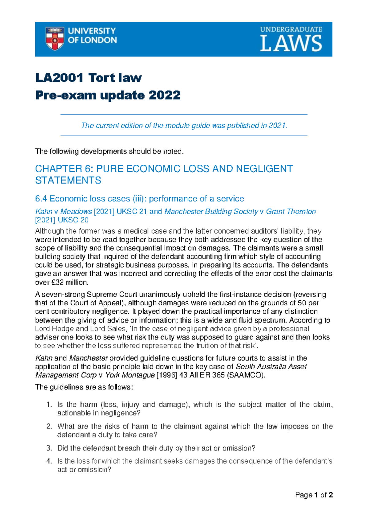713829185 Pre exam update 2022 tort law - Page 1 of 2 LA 2001 Tort law ...