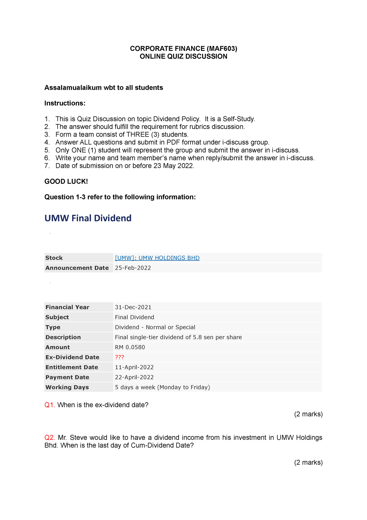 Quiz Discussion Dividend Policy May 2022 - Question - CORPORATE FINANCE ...