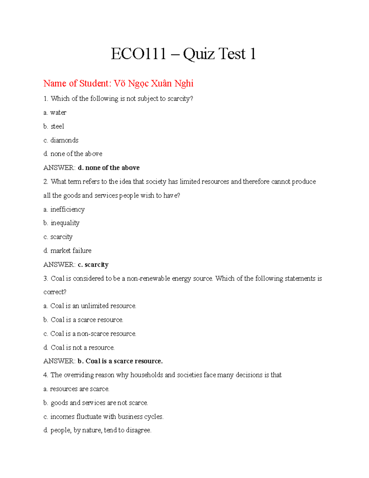 ECO111 - zxcxzcz - ECO111 – Quiz Test 1 Name of Student: Võ Ngọc Xuân ...