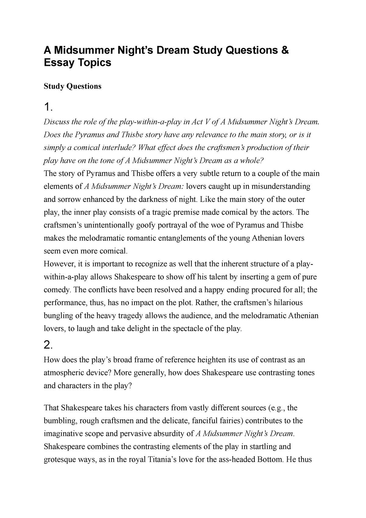 a midsummer night's dream essay questions and answers