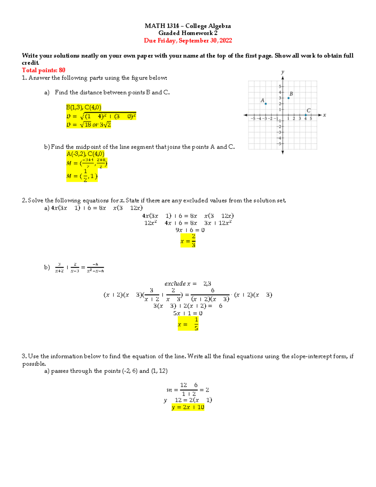 MATH1314 F22 GHW2 Solution - MATH 1314 – College Algebra Graded ...