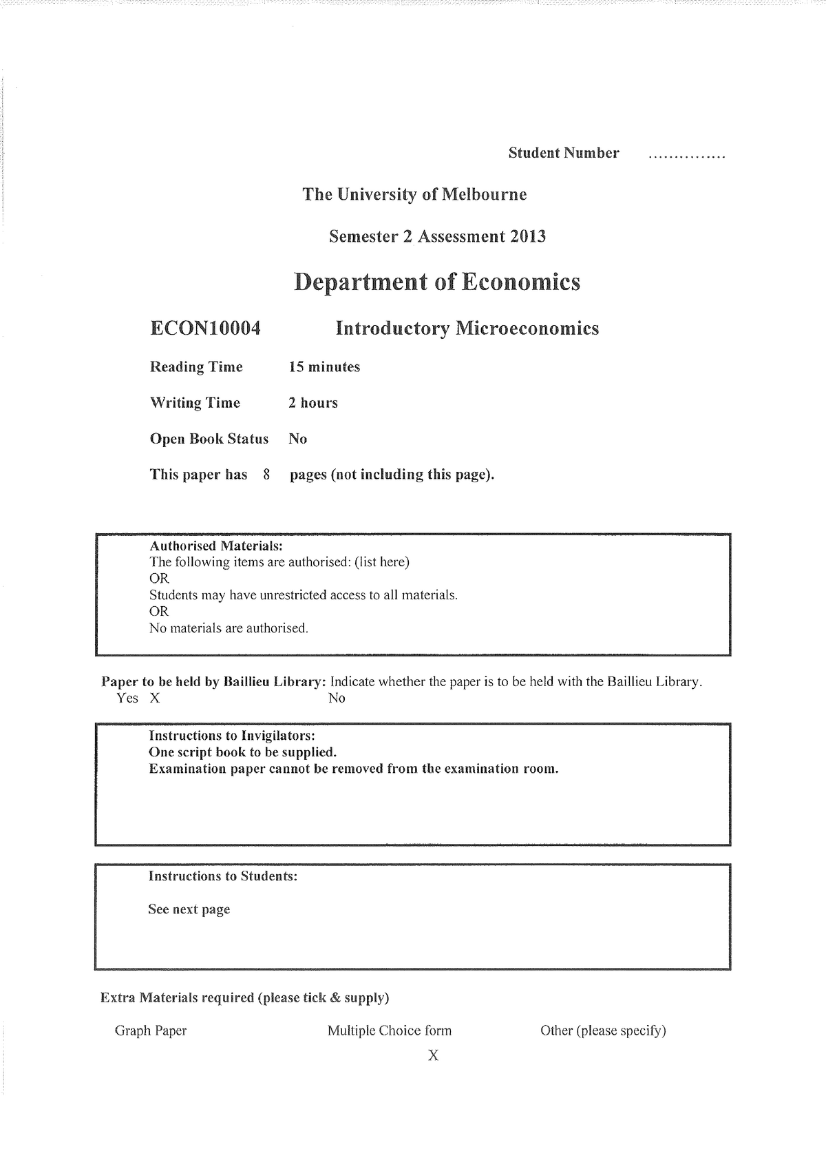 Exam 2013, questions - Student Number The University of Melbourne ...