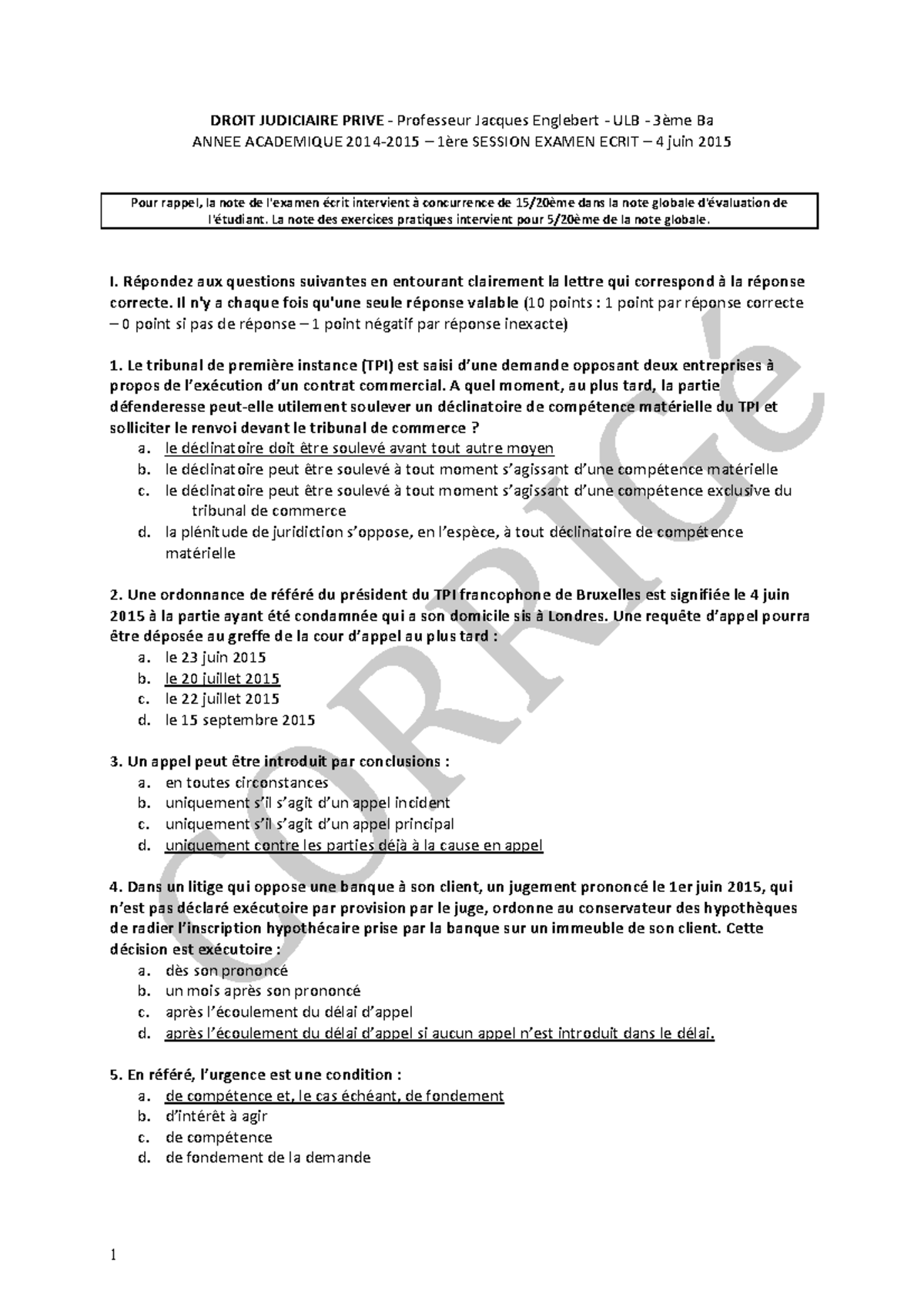 Examen 4 June 2015, Questions Et Réponses - Examen De Droit Judiciaire ...