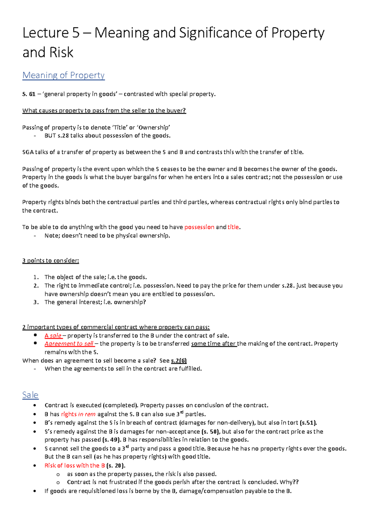 Meaning and Significance of Property and Risk Lecture 5 notes - Lecture ...