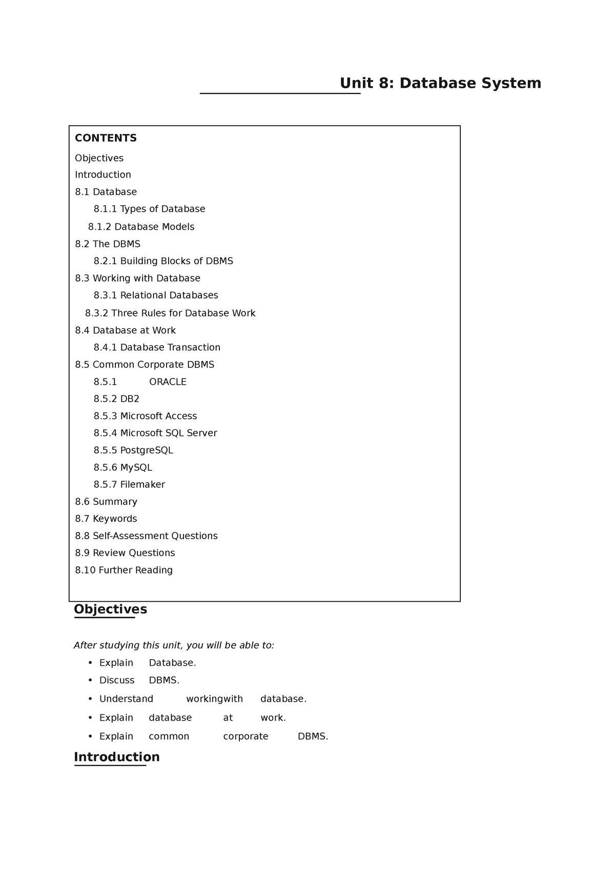 Unit 8 notes Unit 8 Database System CONTENTS Objectives