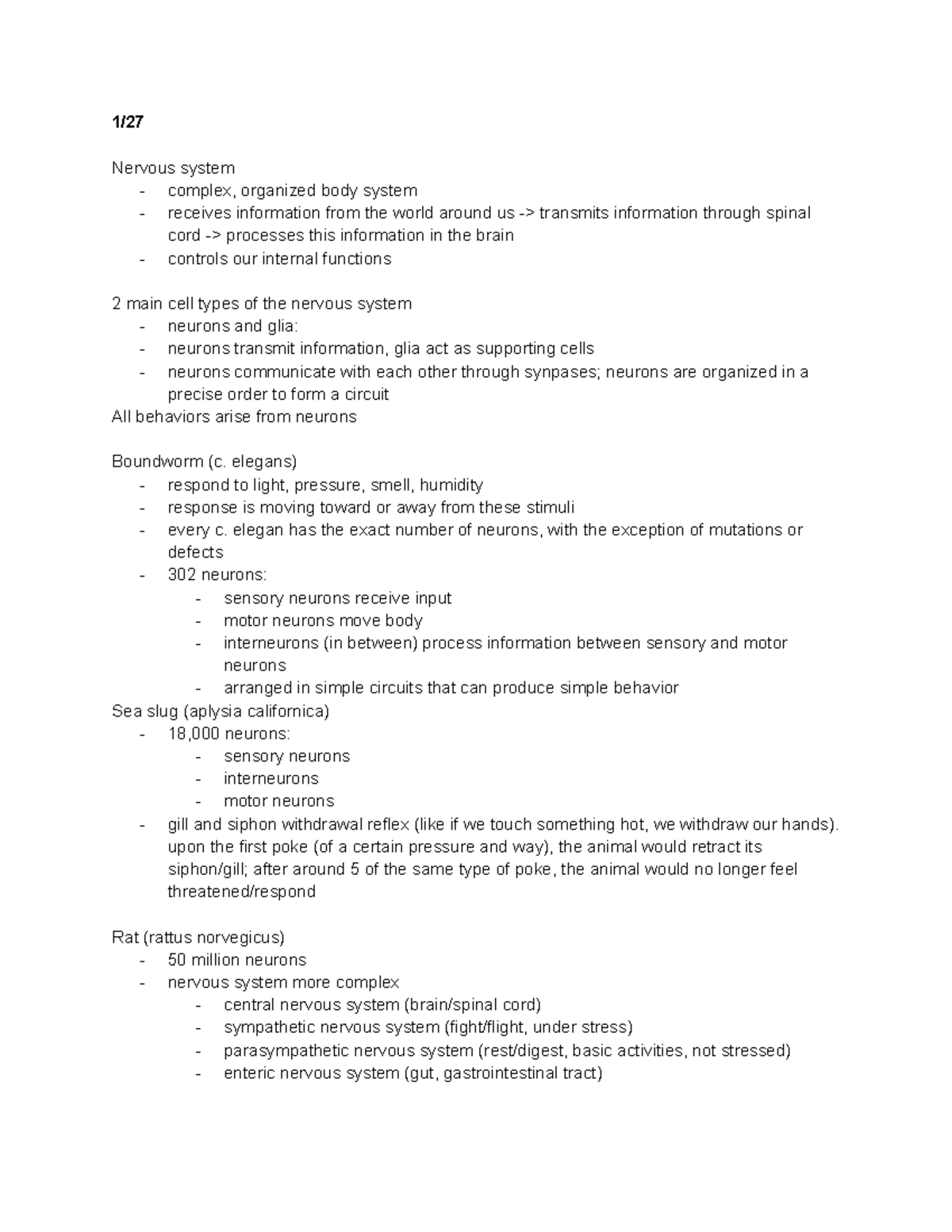 Lecture 1 Notes on The Nervous System and Cells - 1/ Nervous system ...