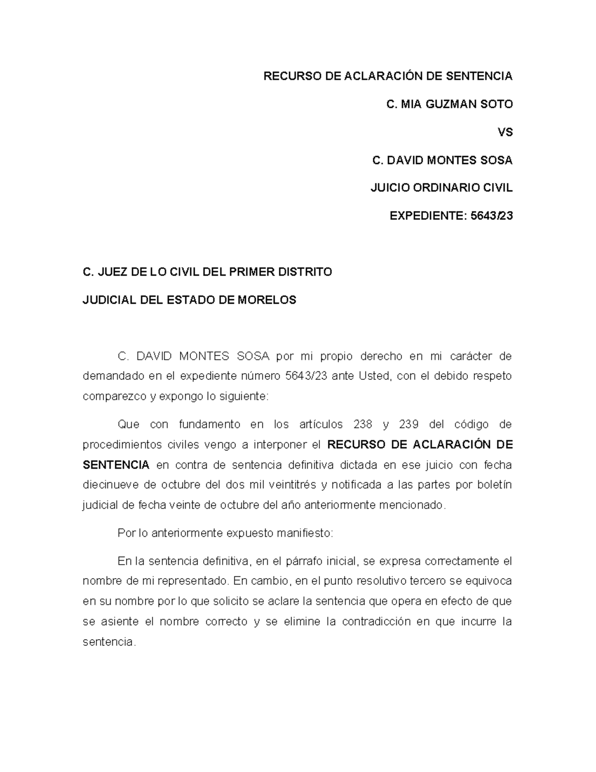 Recurso DE Aclaración DE Sentencia KDNC - RECURSO DE ACLARACIÓN DE ...