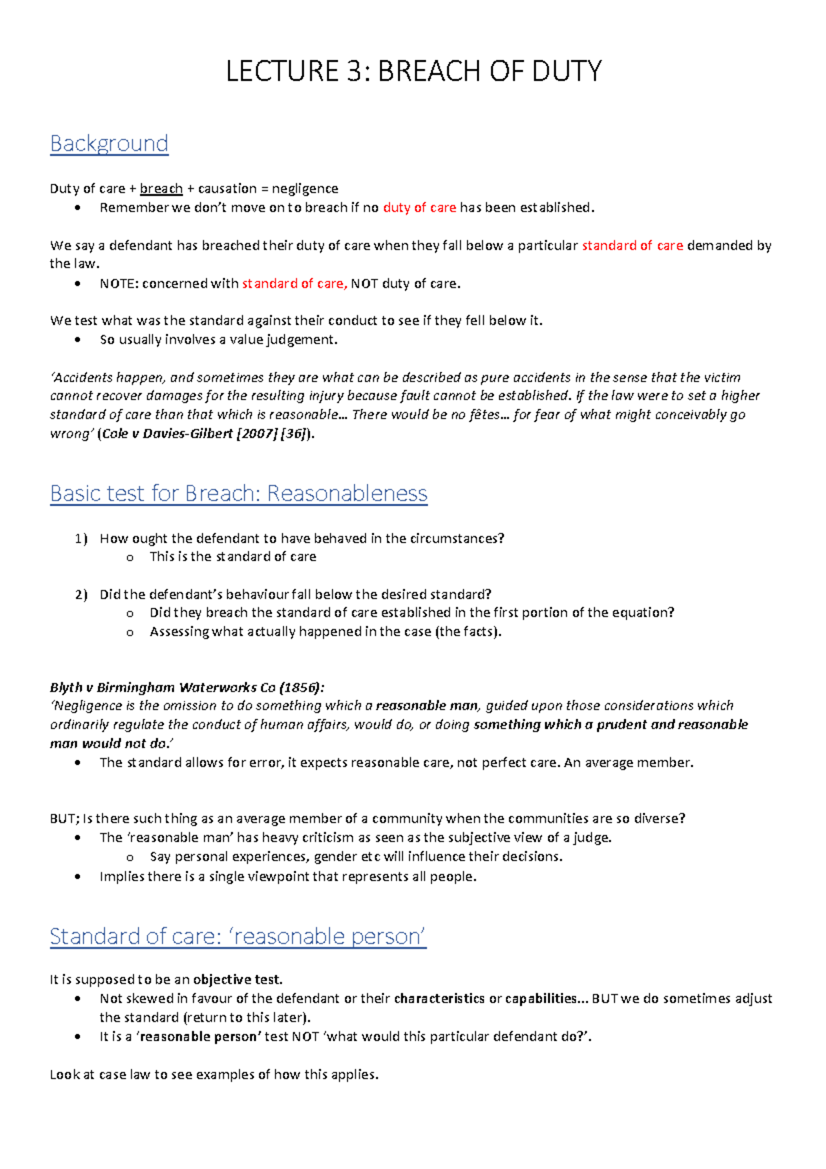 Tort Law Breach notes - LECTURE 3: BREACH OF DUTY Background Duty of ...