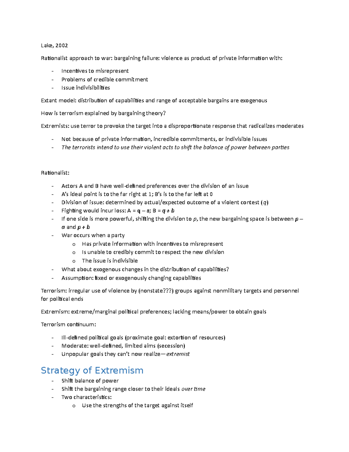 Week 5 Lake Overview Lake, 2002 Rationalist approach to war