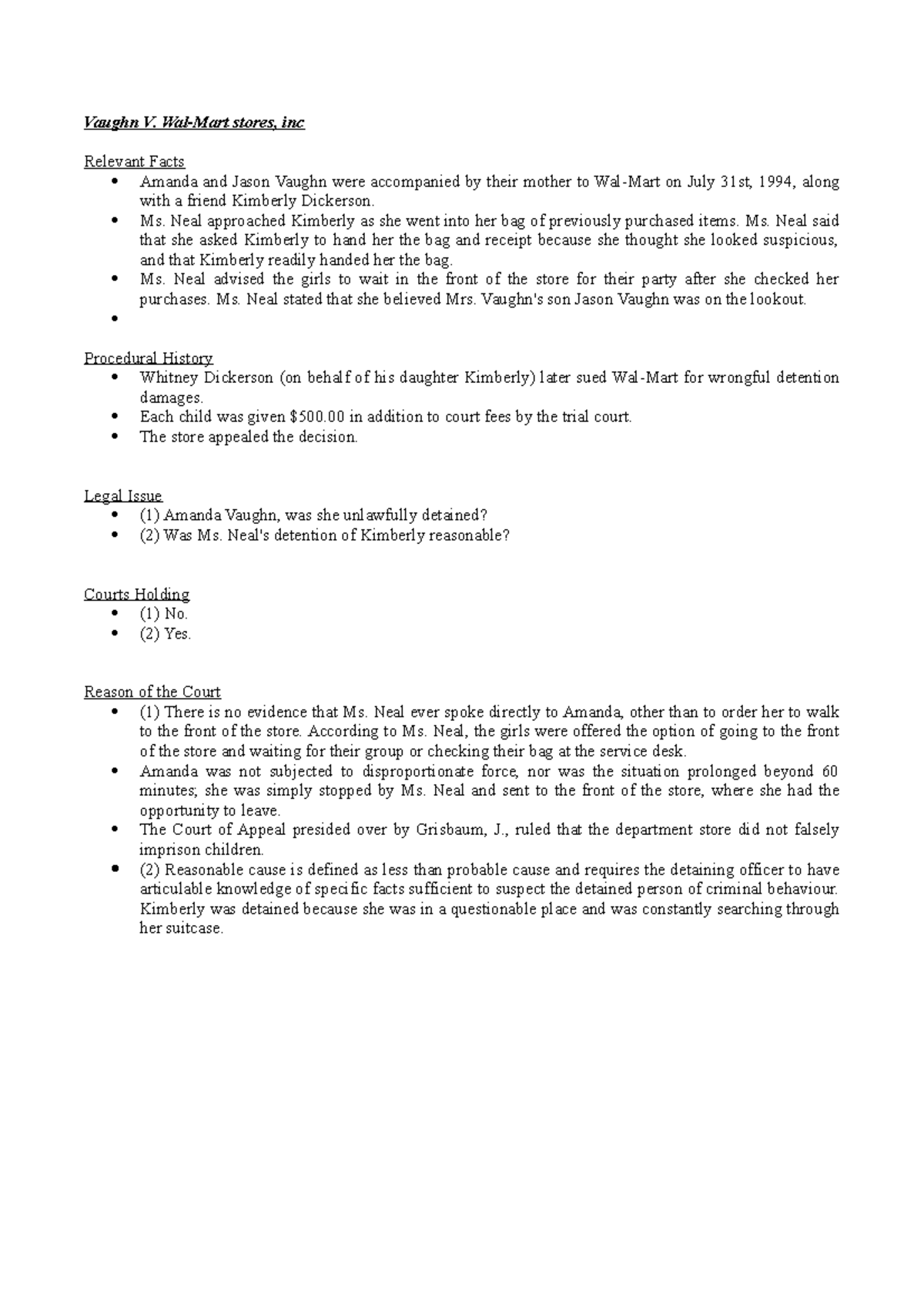 Vaughn V. WalMart stores, inc Vaughn V. WalMart stores, inc Relevant Facts Amanda and Jason