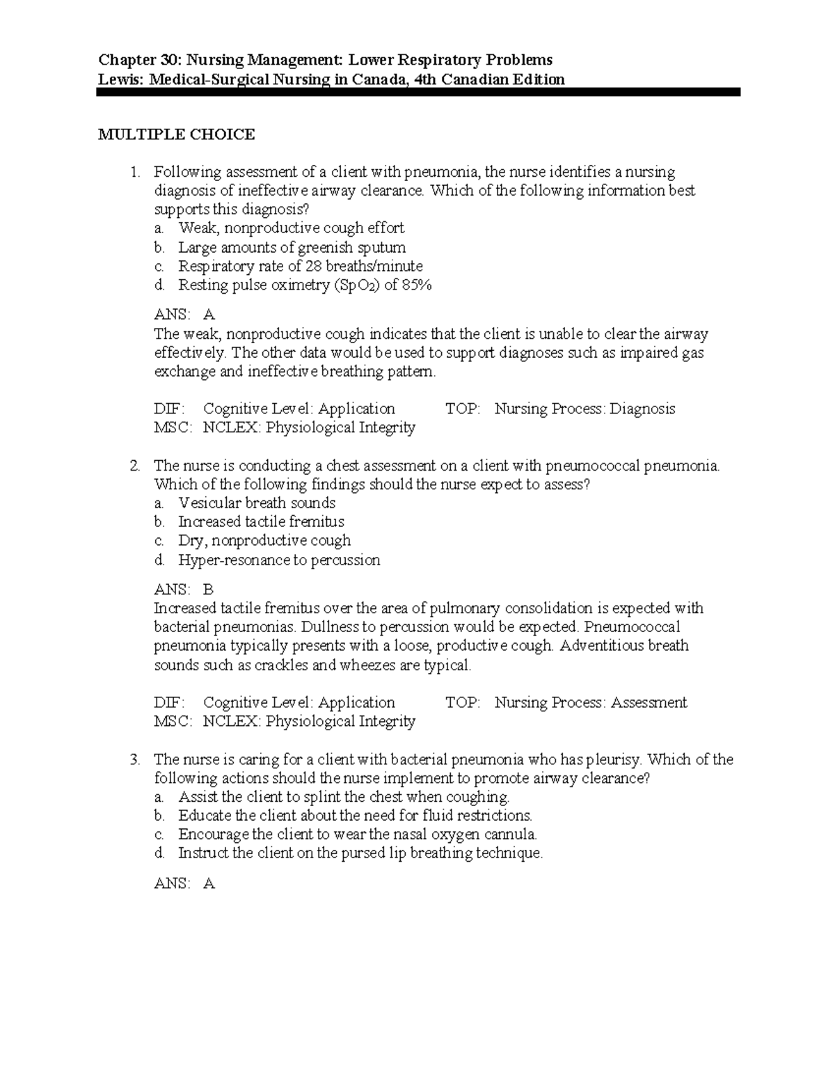 Medsurg chapter 30 - Chapter 30: Nursing Management: Lower Respiratory ...