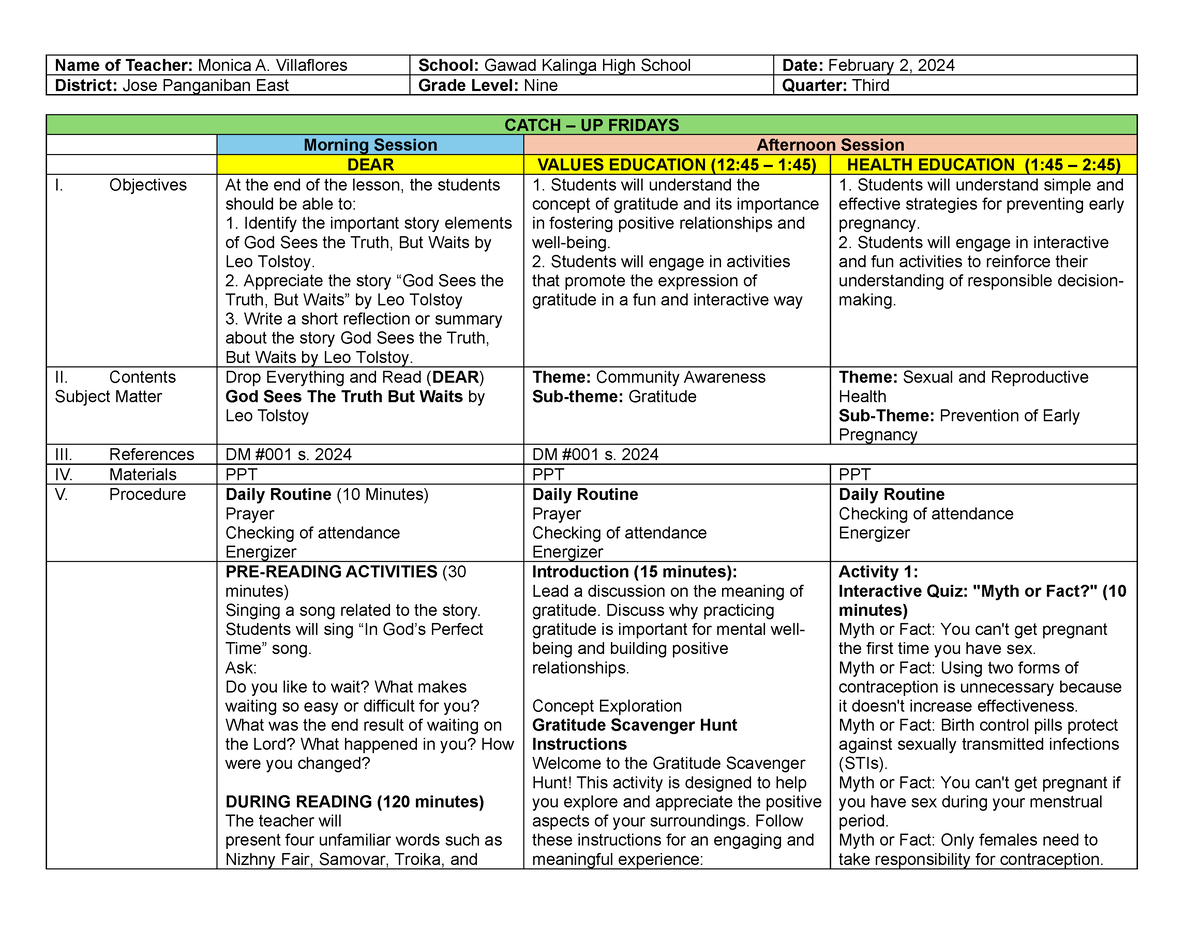 February 2, 2024 DLL - DLL FOR CATCH UP FRIDAY - Name of Teacher ...