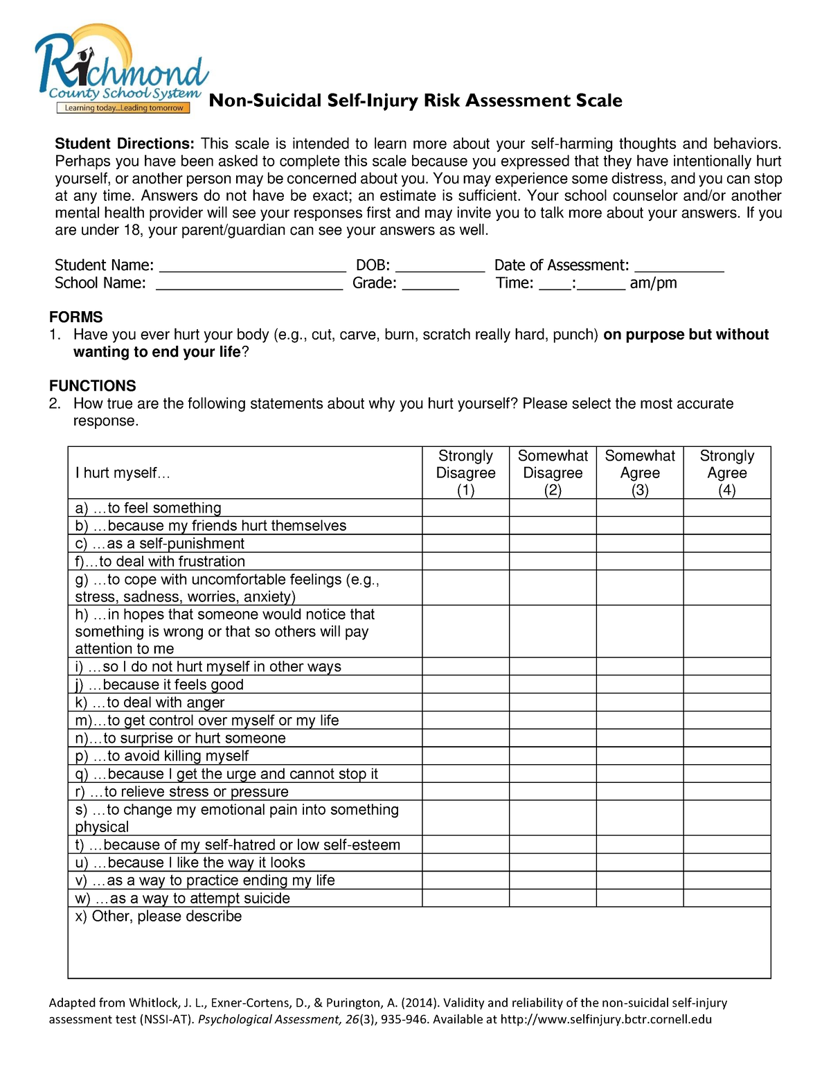 NSSI Risk Assessment - utueeyufuoyfliu - Adapted from Whitlock, J. L ...