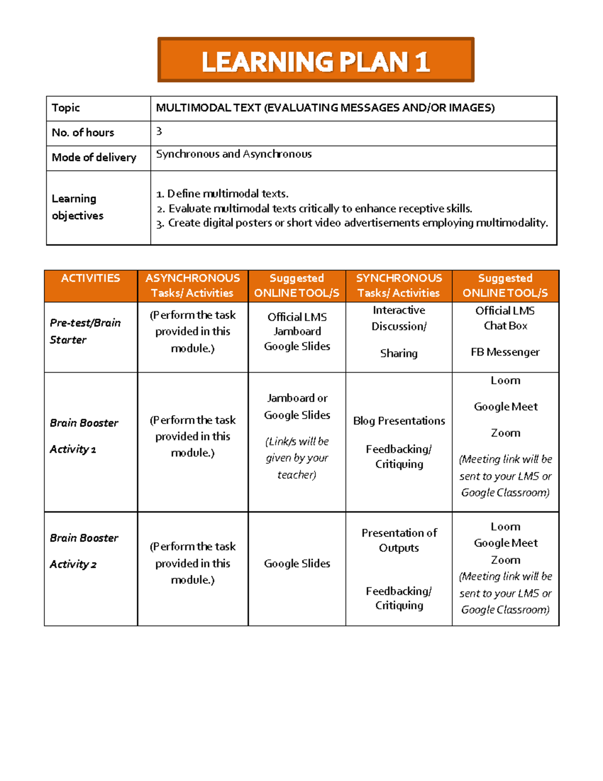 Learning Plan 1 for assignment 8 - Topic MULTIMODAL TEXT (EVALUATING ...