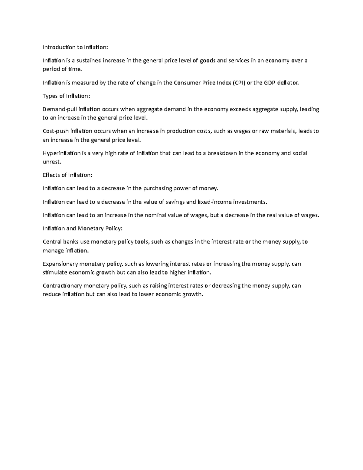 Macro Lecture 6 notes - Inflation - Introduction to Inflation ...